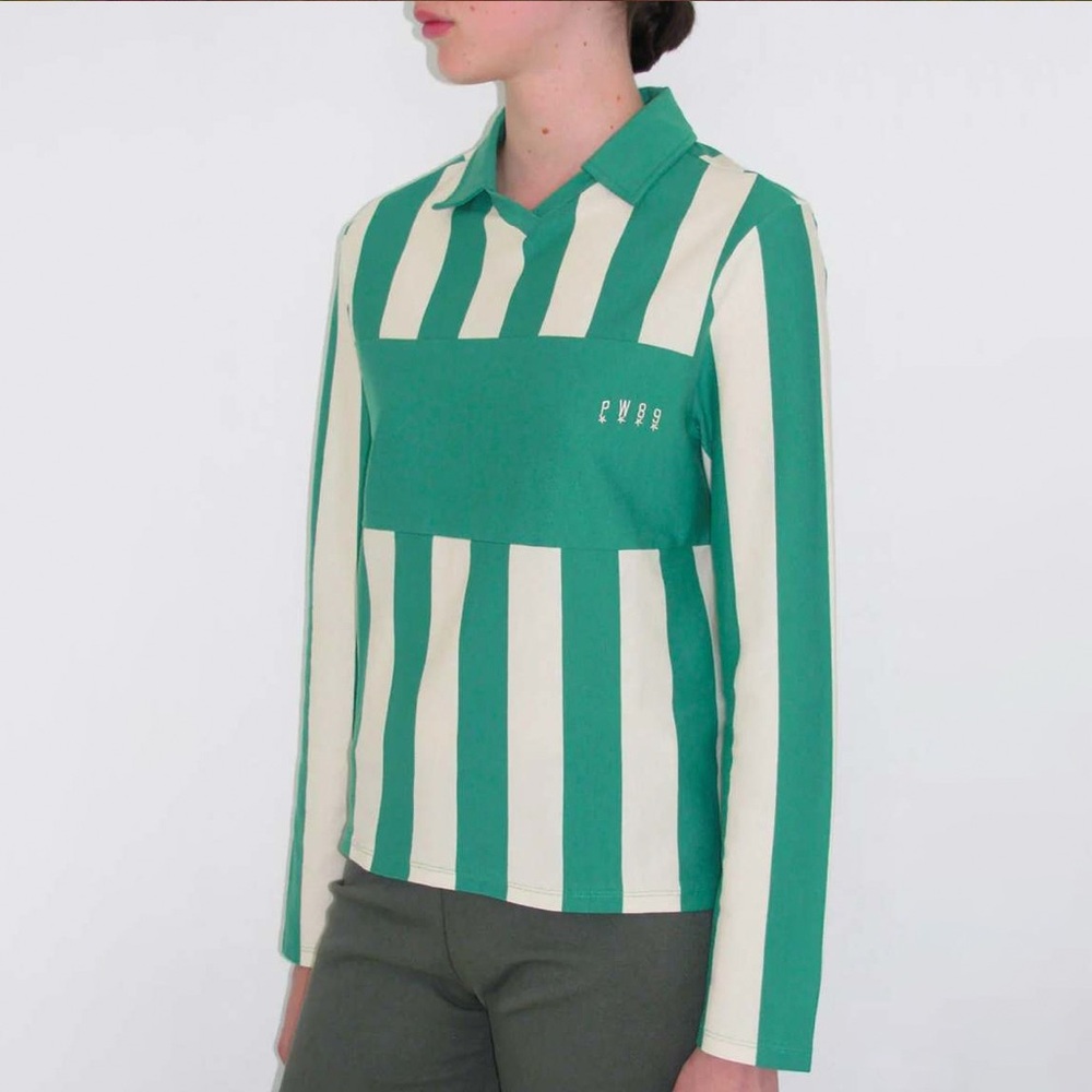 Paloma Wool Green and Cream Striped Long Sleeve Polo